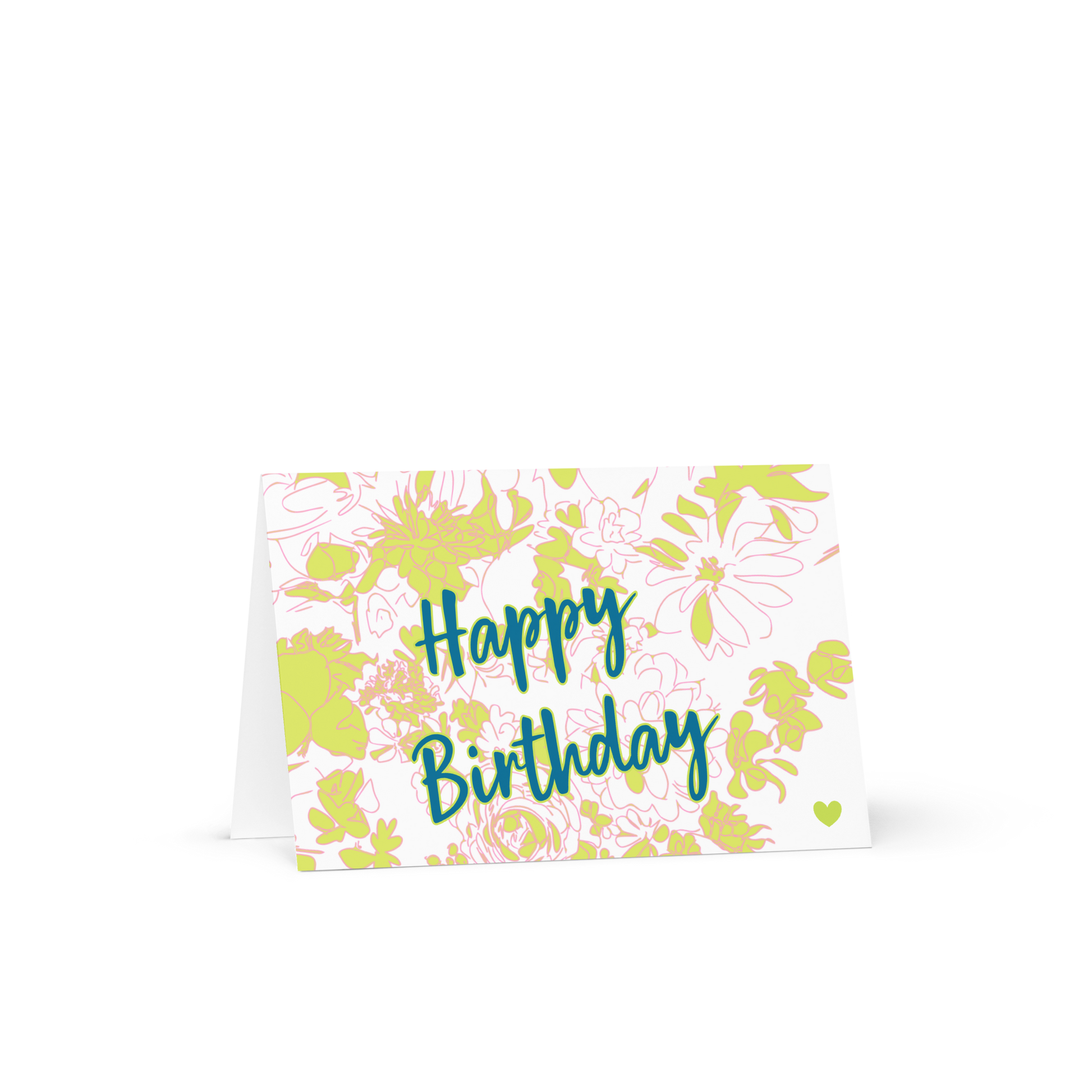 A vibrant 4x6 greeting card displayed with its matching white envelope. The card features a lively floral pattern with pink, yellow, and green flowers, overlaid by the cursive text “Happy Birthday” in a darker shade, adding a joyful touch to the celebration. The card design is visible in full, set against a simple, clean background to emphasize its colorful and cheerful design.